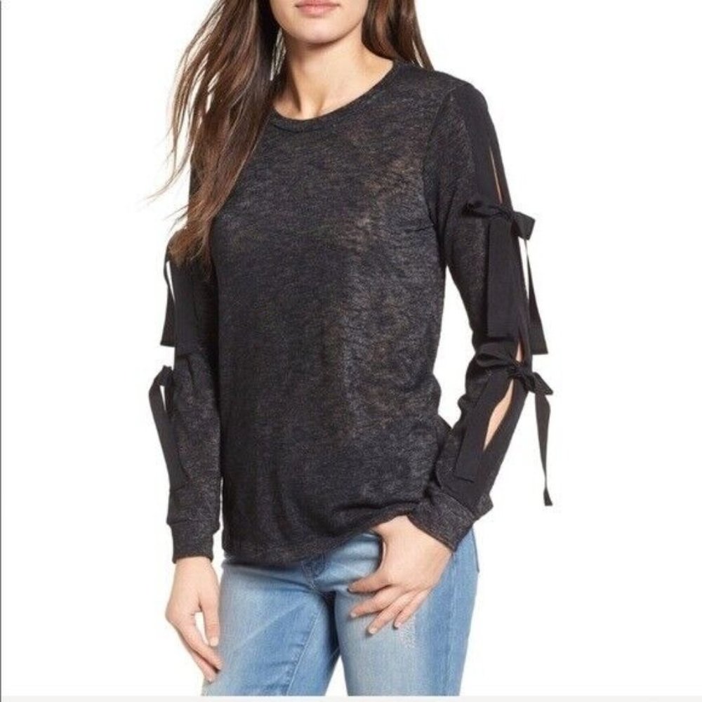 Pleione Nordstrom Womens Knit Top M Long Tie Sleeve Grey Terry Crewneck USA Made